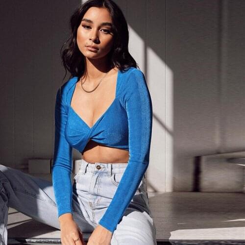 European and American womens wear 2021 summer new sexy V-neck solid color slim long sleeve top womens wear y2k top crop top