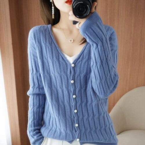 2021 Autumn and Winter New Cashmere Sweater Woman V-Neck Cardigan Casual Twist Knit Tops 100% Pure Wool Female Jacket KWarm