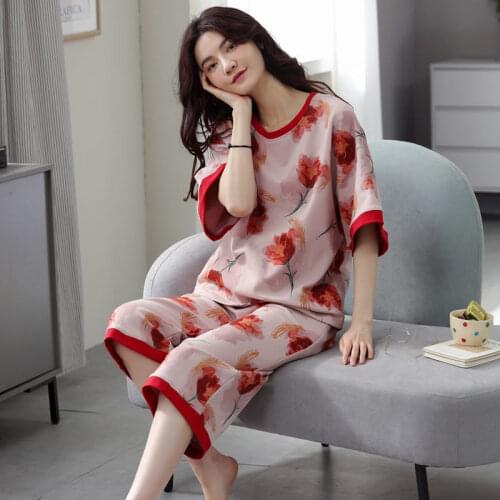 Womens Summer Cotton Short-sleeved Cropped Trousers Suit Summer Womens Loose Plus Size Pajamas Home Wear Cute Pijamas 2021