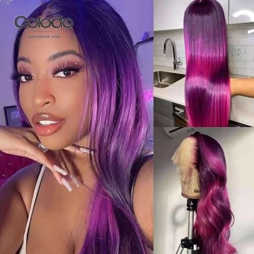 COLODO Purple Lace Front Wig Human Hair Wigs Preplucked Brazilian Remy Straight Colored Human Hair Wigs Transparent Lace Wigs