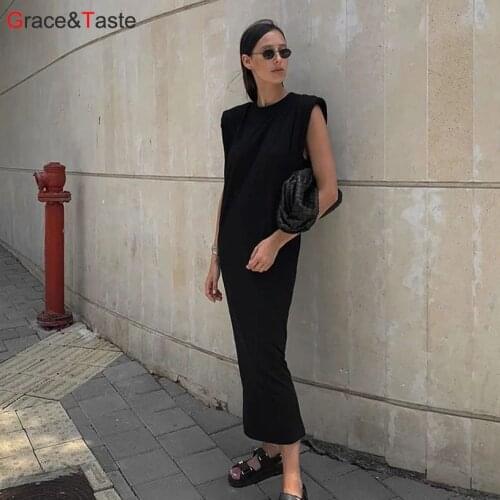Grace&Taste OL Temperament Long Skirt Shoulder Pads Sleeveless Dress Female Fashion British Elegant Leisure Breathable Ladies