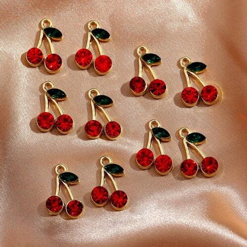 10Pcs Cute Cherry Charms 17*11mm Shiny Crystal Gold Color Alloy Fruit Charm Wholesale For DIY Earrings Jewelry Craft Accessories