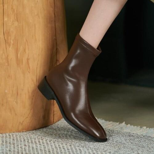 2021 Winter Genuine Leather Boots Slip-On Ankle Boots Stretch Fabric Women Boots Square Toe Women Shoes Zapatos De Mujer