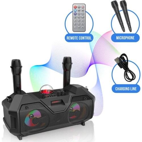 Wireless Bluetooth Speaker Karaoke Home Colorful LED Light Portable 3D Stereo Subwoofer Dual Microphone Support FM Radio TF Card