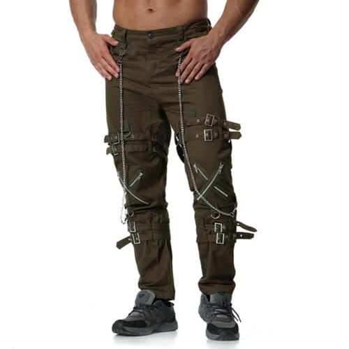 Men autumn multi zippers ribbons design punk cargo pants with chain hip hop trousers men casual street style joggers hiphop