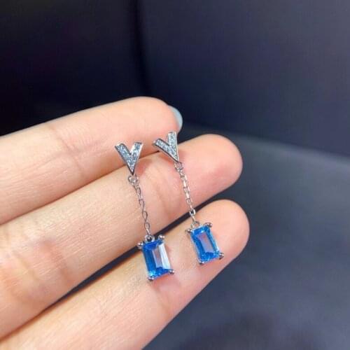 Grace square letter V natural blue topaz drop earrings Natural gemstone earrings 925 silver women girl party gift jewelry