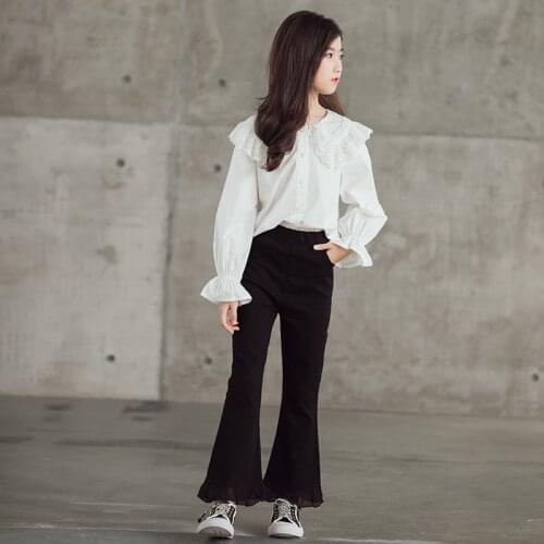 Teen Girls Elegant Formal Suits White Shirt Flared Trousers 2 pieces Ceremoney Spring Autumn Children Clothes Set