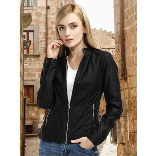 Giolshon Winter Women Faux Leather Jacket Casual Short Slim Moto Biker Streetwear Coat for Spring Fall Long Sleeve PU Jacket