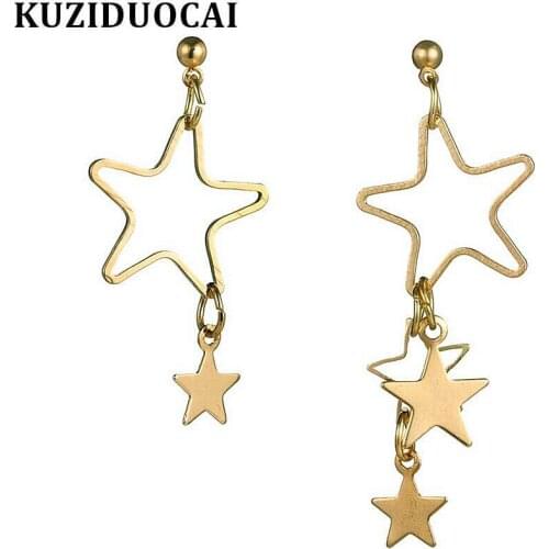 Kuziduocai New Fashion Jewelry Trend Modern Style Metal Pentagram Hollow Star Tassel Stud Earrings For Women Brincos Gifts E-84