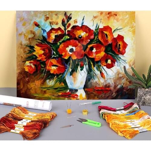 Red Flowers Pre-Printed 11CT Cross Stitch Embroidery Set DMC Threads Needlework Handiwork Sewing Hobby Jewelry Home Wholesale