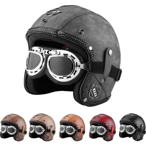 German Vintage PU Leather 3/4 Open FaceMotorcycle Helmet Cafe Racer Retro Motorbike Scooter Jet Casco Capacete DOT Approved