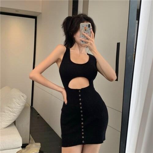 Bodycon Dress Knitted Summer Hollow Out Off Shoulder Dresses for Women Tank Black Y2k Fashion Female Clothes Sexy Style New