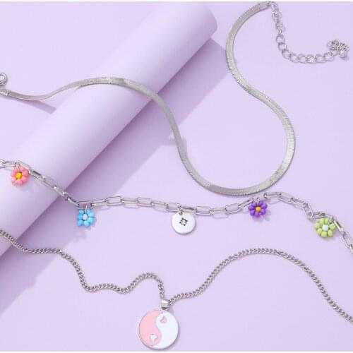Origin Summer Retro Three-layer Tai Chi Love Heart Circle Coin Pendant Necklace for Women Girls Silver Chain Necklace Jewellery