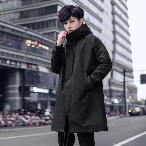Autumn Windbreaker Men Loose Fit Hoody Trench Casual Safari Style Mid Long Coat Teenager Outerwear Trench Solid Colors Plus Size