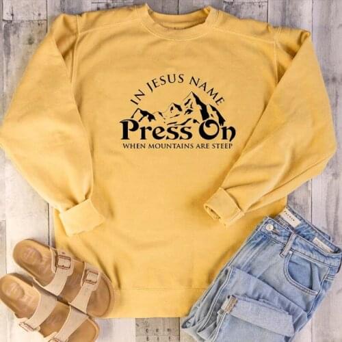 In Jesus Name Press On Christian mountain graphic pure cotton casual funny unisex slogan quote sweatshirt pullovers religion top