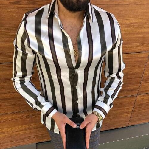 Mens Striped Casual Shirts Streetwear Slim Fit Autumn Black White Long Sleeve Shirt Tops Male Turn-down Collar Printed Blouse