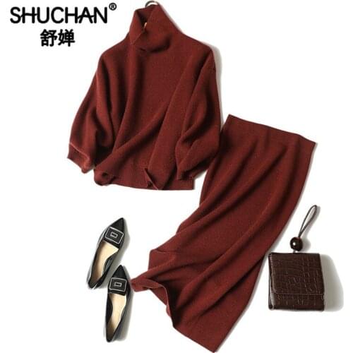 Shuchan 100% Cashmere Turtleneck Pullover Loose +pencil Skirts High Street Designer Women Suit High Quality Korean Style Women
