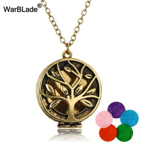 WarBLade Vintage Tree Of Life Photo Frames Necklace Aromatherapy Locket Pendant Perfume Essential Oil Diffuser Necklace For Gift