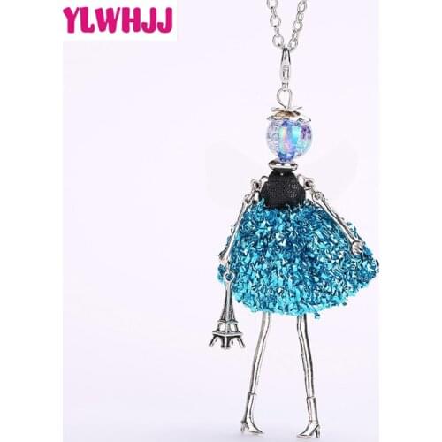 YLWHJJ brand new cute blue doll long chain necklaces for women hot brand girls angel pendant metal maxi fashion jewelry