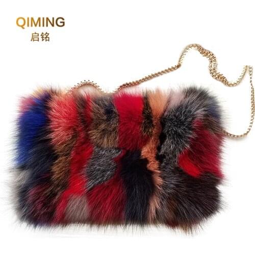 Real fox fur ladys handbag mini chain messenger bag one shoulder cross body bags cute Fur hair bag real leather Christmas gift
