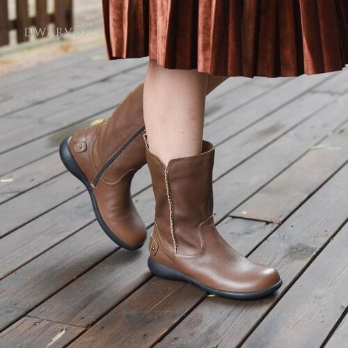 Womens Retro Leather Mid Calf Boots for Winter Side Zipper Boots Black/khaki