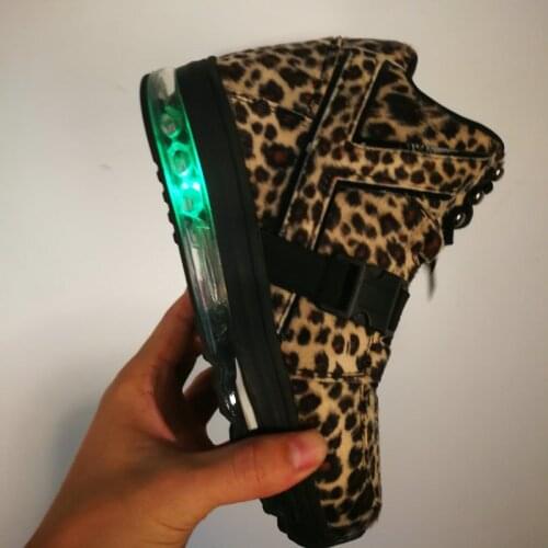 Womens Round Toe Leopard LED Lights Sneakers High Top Casual Skateboard Flats Shoes Lace Up New 2020