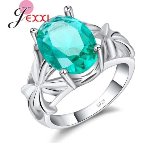 Retro Design Women Green Crystal Party Rings 925 Sterling Silver Jewellery Wedding Bands Style Vintage Rings For Female