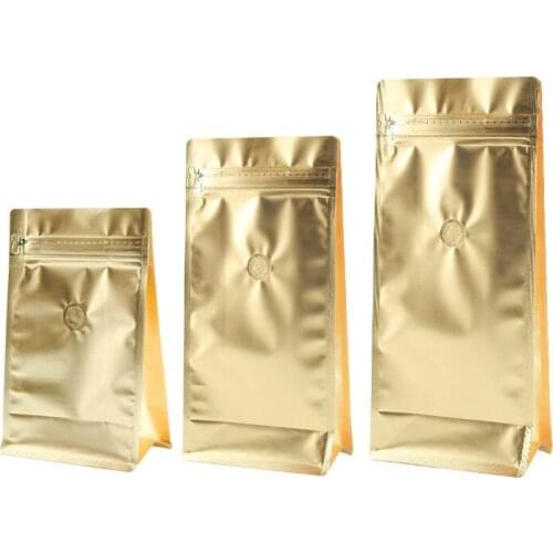 100pcs Golden coffee bag one-way valve side zipper octagonal sealing aluminum foil bags coffee bean packaging pouch