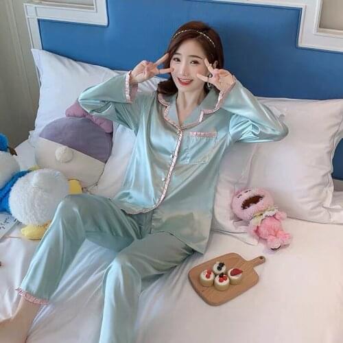 2021 Summer Satin Pajamas Women White Pyjamas Mujer PJ Full Sleeve Sleepwear Ladies Nightwear Imitation M-5XL Silk Pijamas