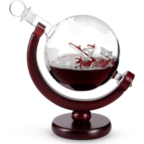 800 ML /27 oz Glass Sailboat Globe Wine Bottle Frosted Map Wooden Holder Craft Creative Hip Flasks for couple men gifts