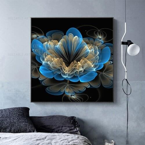 Abstract Flower Painting Luxury Blue FLowers Plants Posters and Prints Wall Pictures Modern Black and Gold Art Living Room Decor