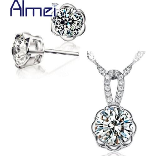 Almei Wedding Jewelry Set for Women Bridal Fashion Lady Silver Pendant Crystal Necklaces and Earrings Flower Accessories JS600