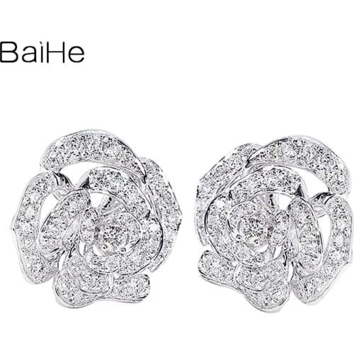BAIHE Solid 14K White/Yellow/Rose Gold 0.75ct H/SI Natural Diamond Wedding Fine Jewelry Flower Stud Earrings Trendy Women серьги