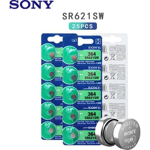 25pcs/lot Sony 364 Original 1.55V Silver Oxide Watch Battery 364 SR621SW V364 SR60 SR621 AG1 Button Coin Cell MADE IN JAPAN