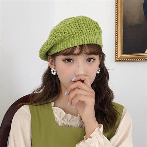 Beret Womens Hat Autumn Winter Japanese Versatile British Fashion Knitted Hat Wool Solid Octagonal Hat Painters Hat