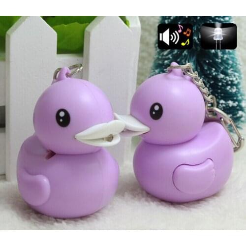 FREE SHIPPING BY DHL 200pcs/lot Plastic LED 3D Purple Duck Shaped Keychains with Sound Novelty Toy Keyrings for Kids