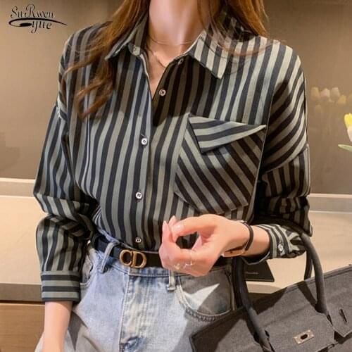 Spring New Button Casual Blouses Plus Size Loose Shirts Tops Female Office Lady Striped Chiffon Blouse Shirt Women Blusas 13018
