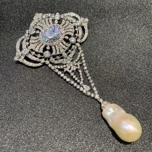 Baroue natural fresh water pearl brooch vintage palace copper with cubic zircon fashion women jewelry free shipping