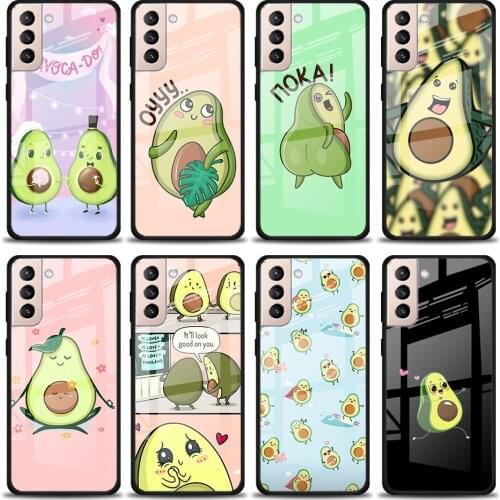 Cute Cartoon Avocado Tempered Glass Cover For Samsung Galaxy S21 Plus Ultra M21 M31 M51 A52 A72 Phone Case Coque