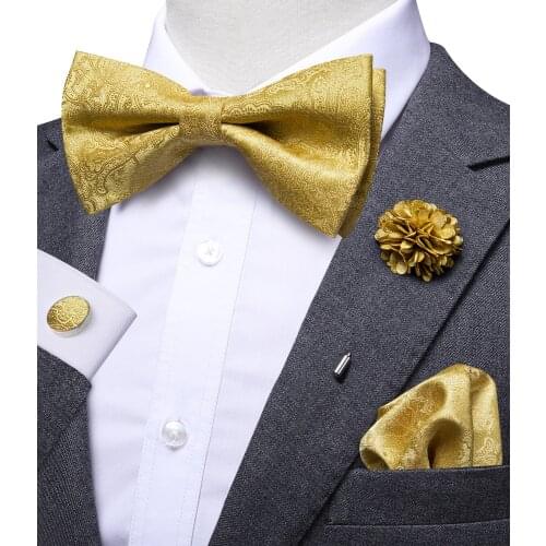 Hi-Tie Luxury Gold Silk Bow Ties for Men Fashion Mens Yellow Bowtie Handkerchief Cufflinks Brooch Set butterfly Wedding Set