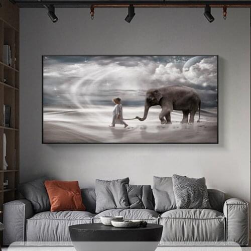 Girl with Elephant Art Canvas Painting Wall Art Posters and Prints Desert Landscape Decorative Picture for Living Room Decor