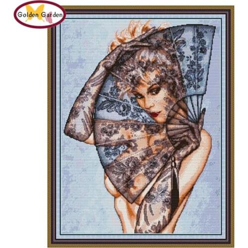 GG Beauty&Folding Fan Cross Stitch Patterns DIY Handicrafts Embroidery Needlework Joy Sunday Printed Cross Stitch for Home Decor