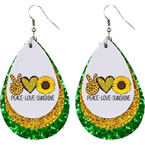 Peace Love Sunshine Sunflower Faux Leather Earrings Triple Layer Glitter Leopard Printed Lightweight Earrings