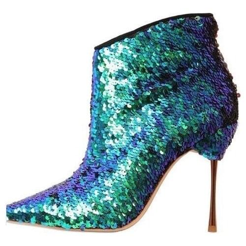 Fashion Multicolor Sequin-Embellished Ankle Boots Women Metallic Leather Gold-tone Stiletto Heels Bootie Pointed toe Side Zipper