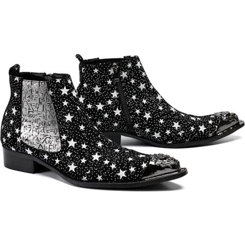 Tide Printed Star Men Ankle Boots Pointed Toe Chelsea Boots Cowboy Botas Militares Casual Shoes Bota Masculina Free Shipping