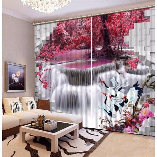 New Custom 3D Beautiful Printed Curtain Brick Wall Red Flowers Creek Blackout Shade Curtains Polyester fiber Window Curtain
