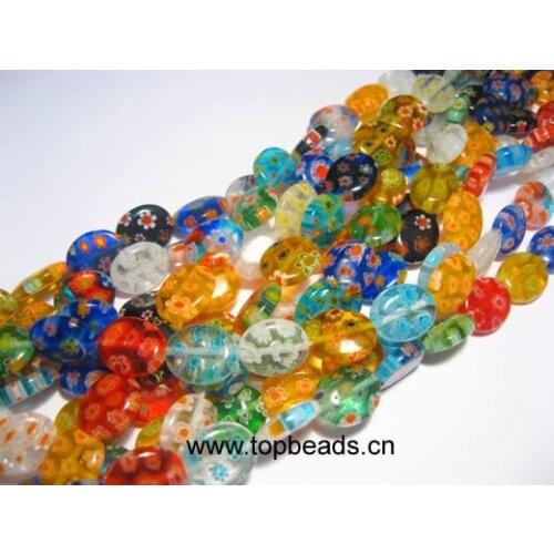 New Wholesales Flat Oval Millefiori Glass Loose Beads, 14x10x4mm