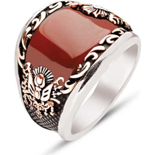 Silver Custom Cut Agate Stone Tuğralı Male Ring