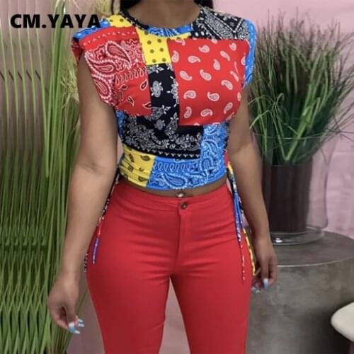 CM.YAYA Women T-shirt Bandanna Paisley Print Short Sleeve O-neck Crop Top Tees Female Fashion Casual T-shirts Summer Clothing