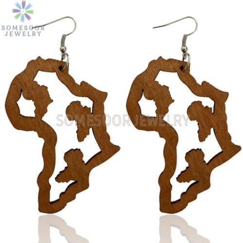 SOMESOOR Laser Cutting African Map Motherland Wooden Drop Earrings Engraved I Love Africa Vintage Wood Dangle Jewelry For Women